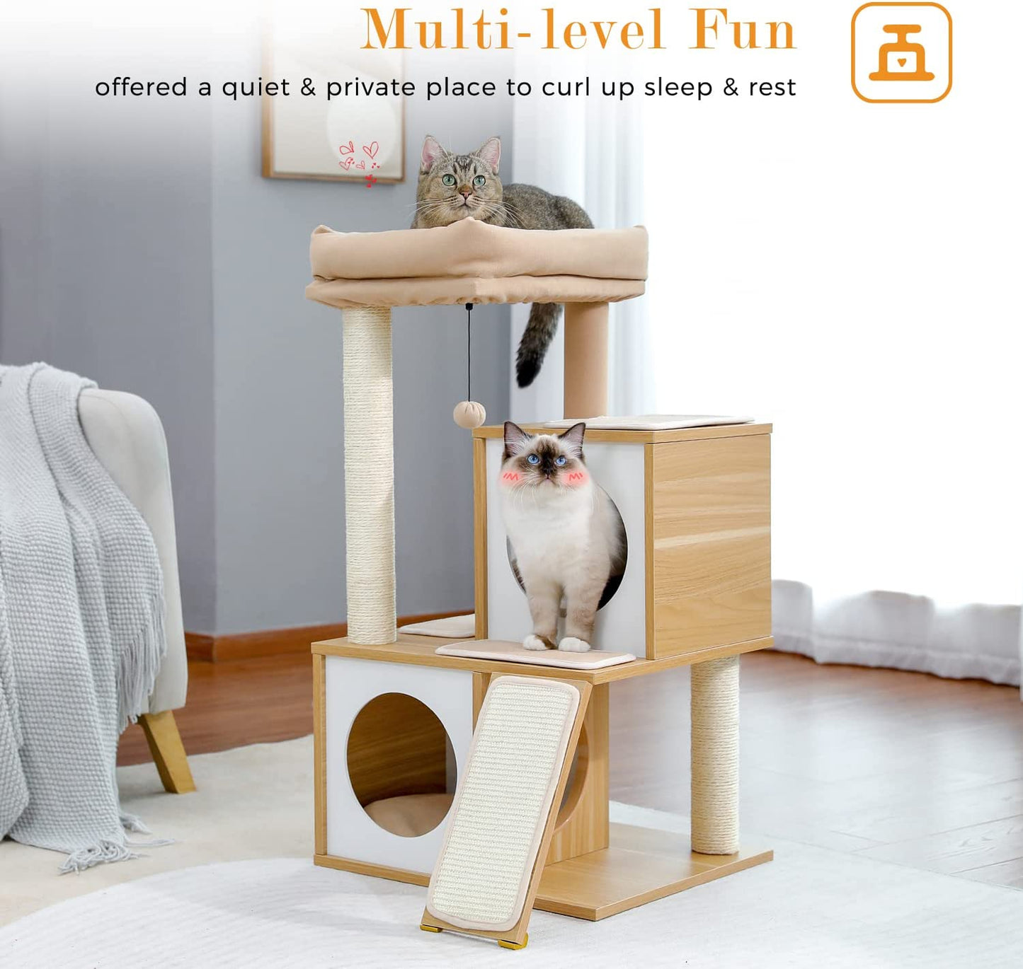 Elegant 35-Inch Walnut Cat Tree with Double Condos, Spacious Perch, and Durable Sisal Scratching Posts