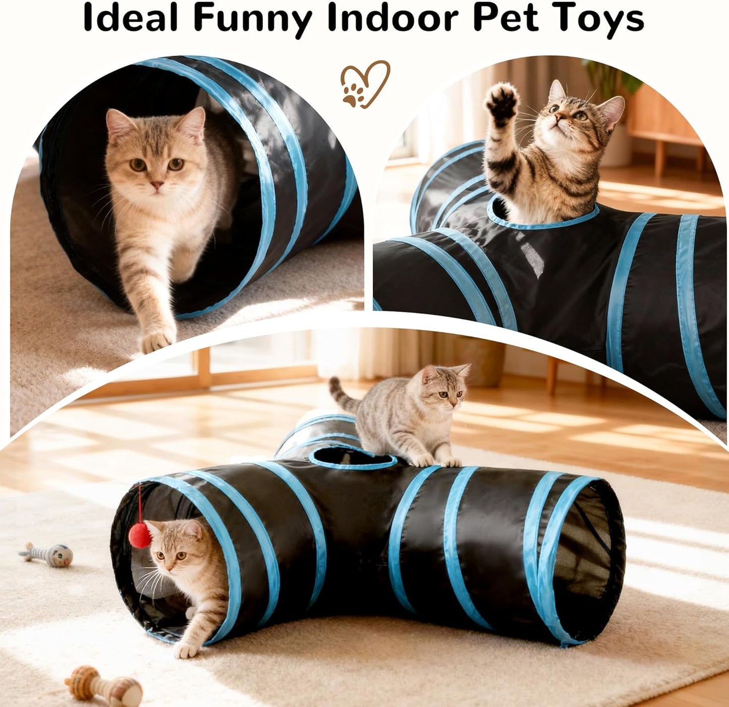 Pet Cat Tunnel Tube Cat Toys 3 Way Collapsible, Tunnels for Indoor Cats,Kitty Bored Peek Hole Toy Ball Cat, Puppy, Kitty, Kitten, Rabbit