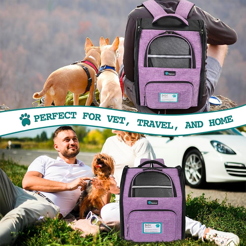 Ventilated Dog and Cat Backpack Carrier for Travel, Hiking, and Camping - Airline Approved for Pets up to 18 lbs, Purple