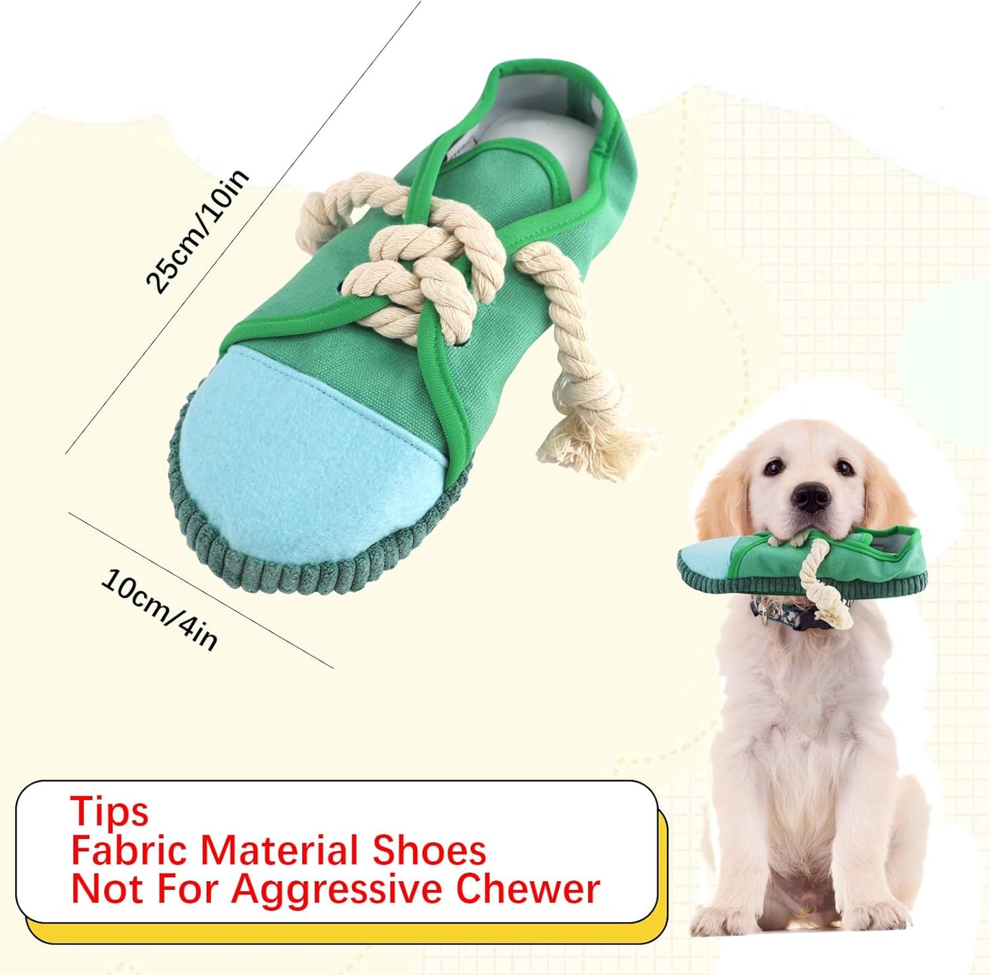 Interactive Squeaky Teething Shoe Dog Chew Toy - Durable & Machine Washable for Small to Medium Breeds (Green)