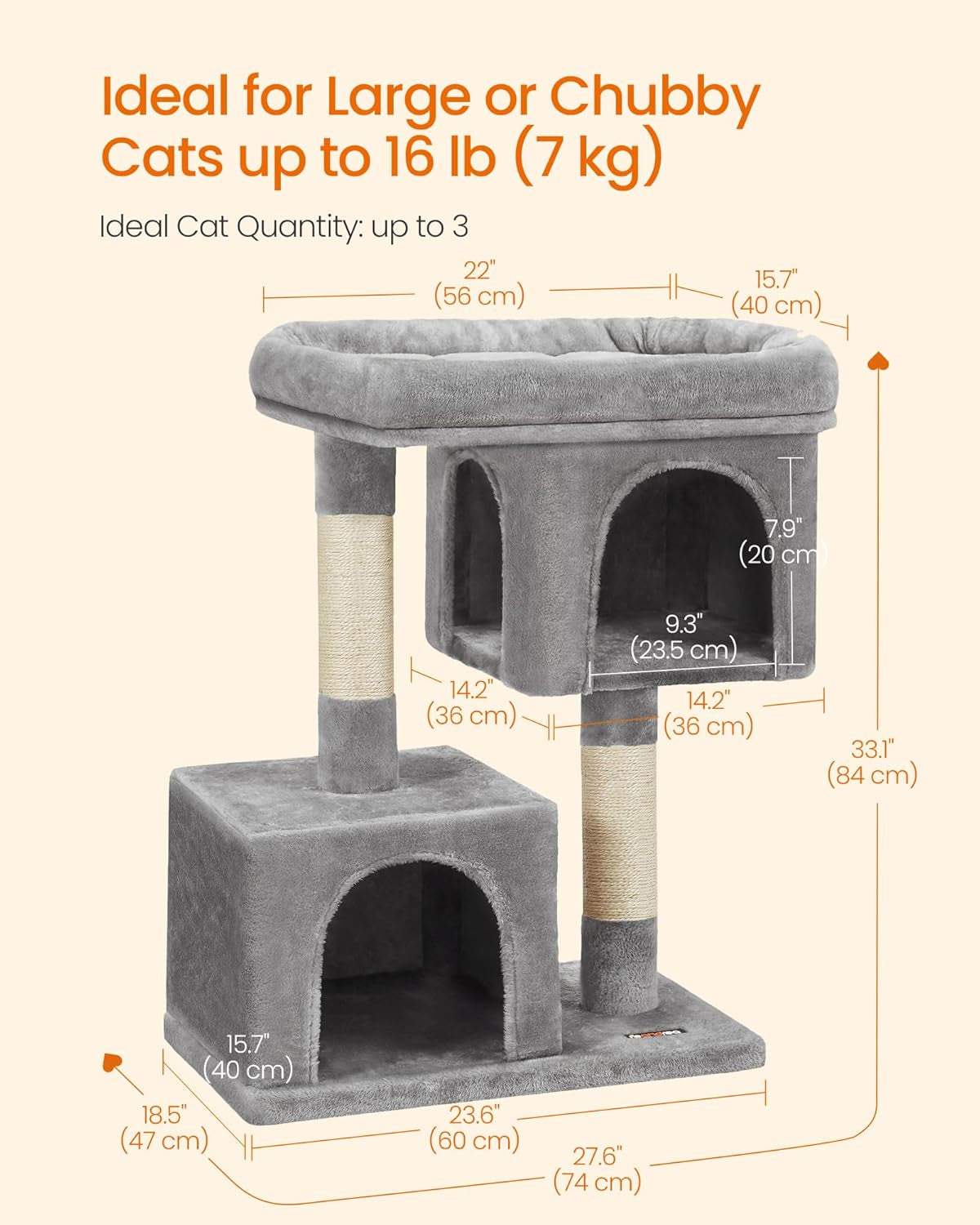 Deluxe 33.1-Inch Cat Tree Tower for Large Cats - Plush Condo with Spacious Perch, Dual Caves & Scratching Post in Light Gray