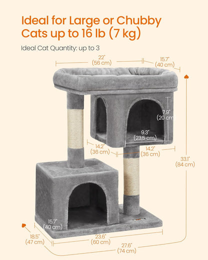 Deluxe 33.1-Inch Cat Tree Tower for Large Cats - Plush Condo with Spacious Perch, Dual Caves & Scratching Post in Light Gray