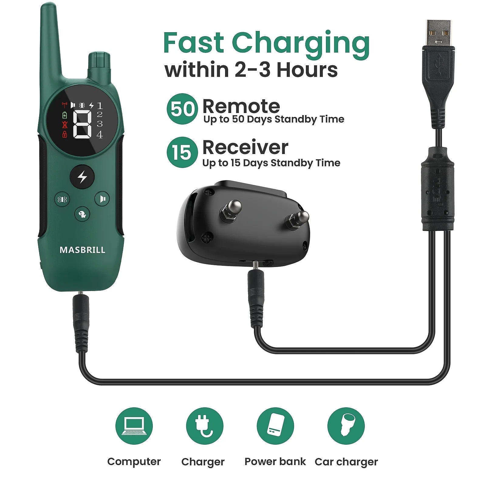Dog Shock Collar 2 Remotes, Waterproof Rechargeable Electric Dog Training Collar with Remote, 2000Ft 3 Modes Beep Vibration Safe Shock,Green