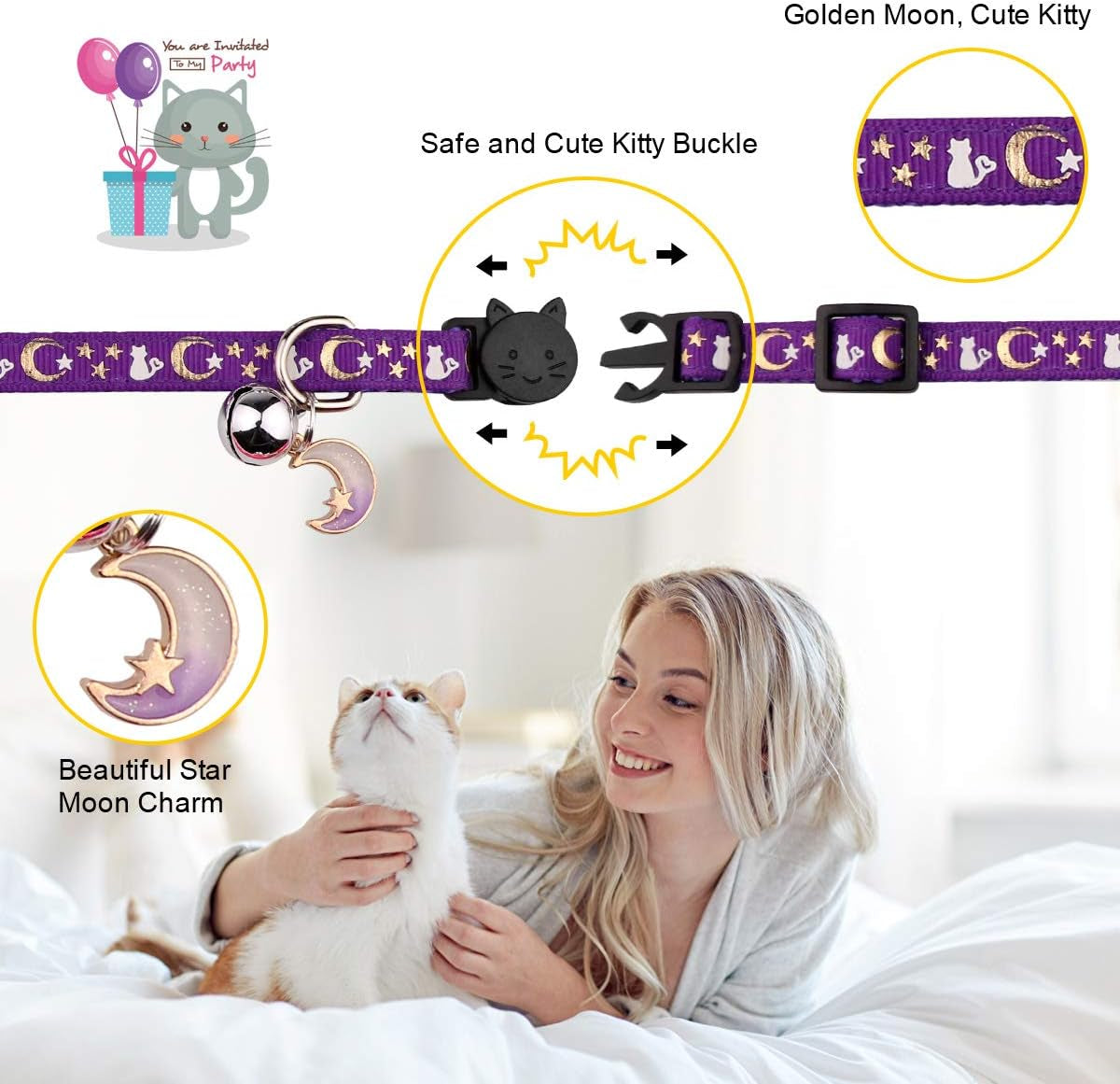 Charming 2-Pack Adjustable Cat Collars with Glow-in-the-Dark Moons and Stars Design - Perfect for Small Breeds!