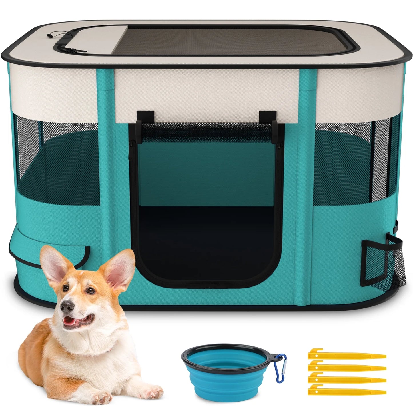 Portable Foldable Pet Playpen - Versatile Indoor/Outdoor Exercise Kennel with Removable Shade Cover for Dogs and Cats (Medium)