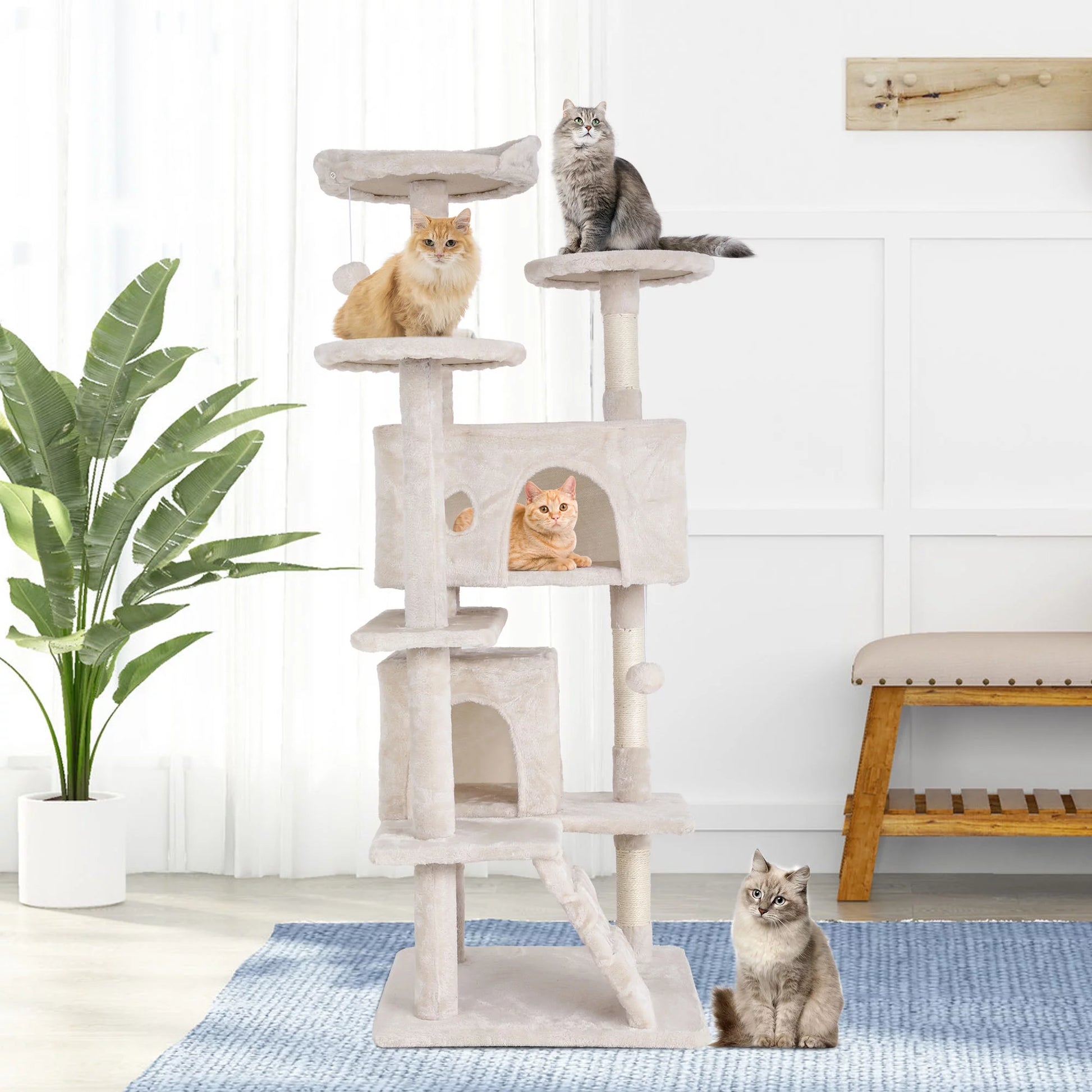 Deluxe 54-Inch Double Condo Cat Tree Tower with Scratching Post & Perch - Cozy Beige Playhouse for Indoor Cats
