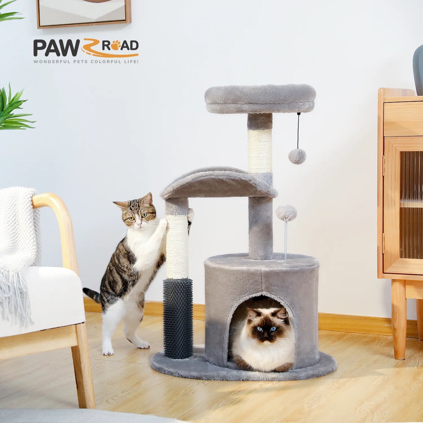 Deluxe 32.7" Gray Cat Tree - Cozy Condo & Scratching Posts with Self-Grooming Toy for Kittens