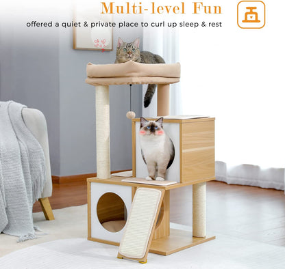 Elegant 35-Inch Walnut Cat Tree with Double Condos, Spacious Perch, and Durable Sisal Scratching Posts