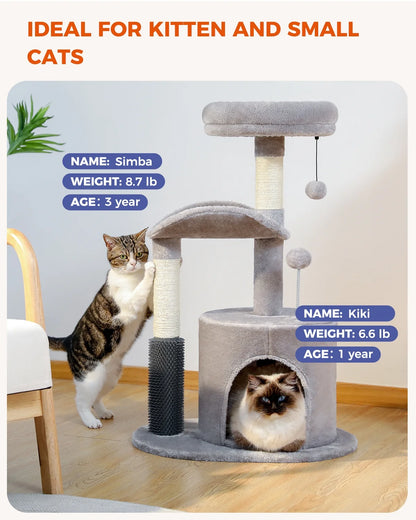 Deluxe 32.7" Gray Cat Tree - Cozy Condo & Scratching Posts with Self-Grooming Toy for Kittens
