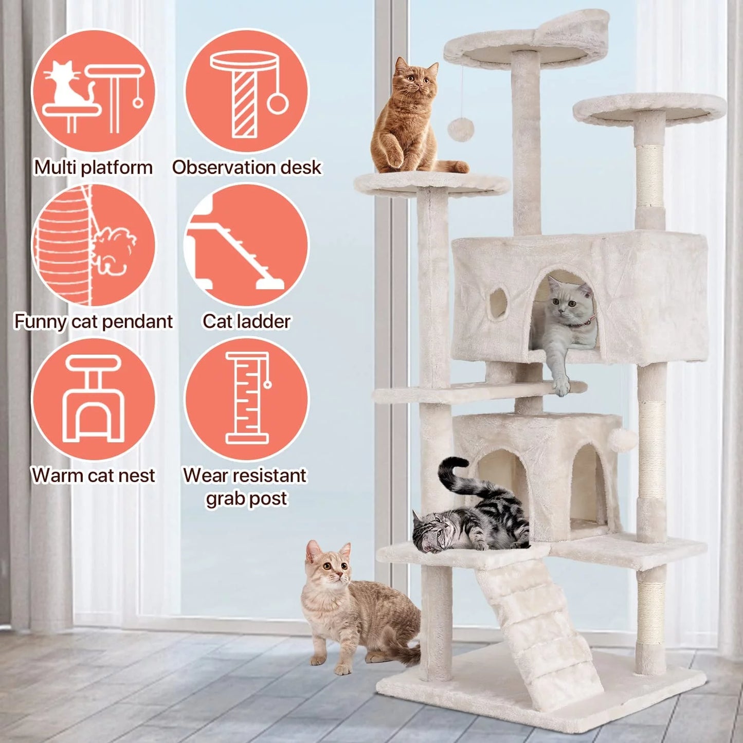 Deluxe 54-Inch Double Condo Cat Tree Tower with Scratching Post & Perch - Cozy Beige Playhouse for Indoor Cats