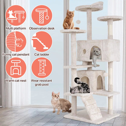 Deluxe 54-Inch Double Condo Cat Tree Tower with Scratching Post & Perch - Cozy Beige Playhouse for Indoor Cats