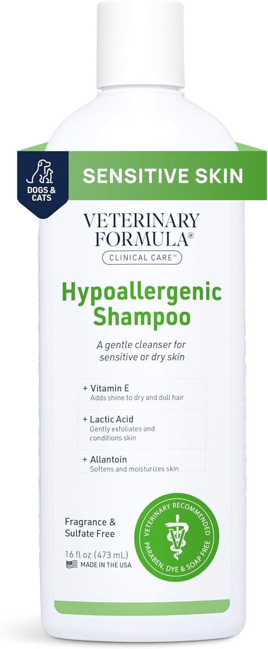 Clinical Care Hypoallergenic Shampoo for Dogs and Cats, 16 Oz – Gentle, Fragrance-Free Formula for Allergies and Sensitive Skin, Supports Healthy Skin and Coat