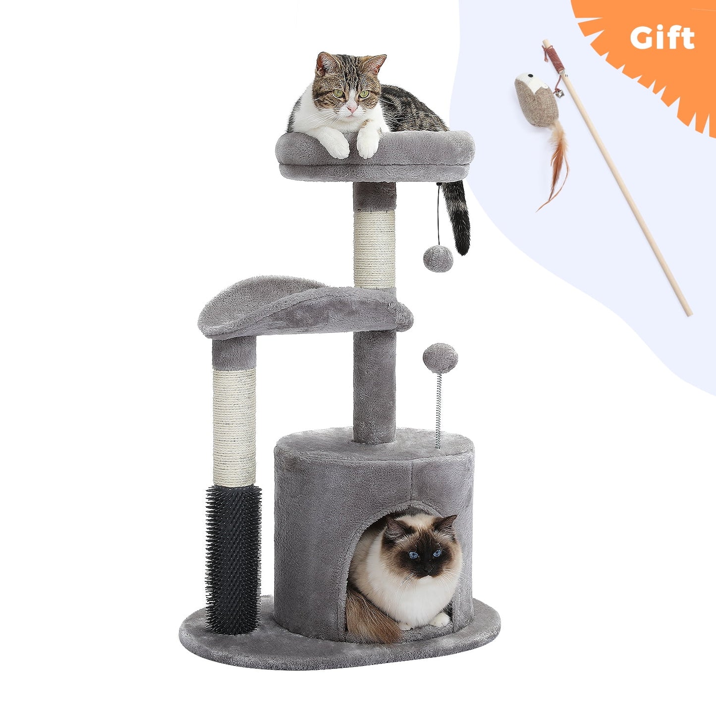 Deluxe 32.7" Gray Cat Tree - Cozy Condo & Scratching Posts with Self-Grooming Toy for Kittens