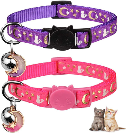 Charming 2-Pack Adjustable Cat Collars with Glow-in-the-Dark Moons and Stars Design - Perfect for Small Breeds!