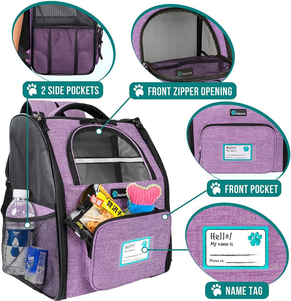 Ventilated Dog and Cat Backpack Carrier for Travel, Hiking, and Camping - Airline Approved for Pets up to 18 lbs, Purple