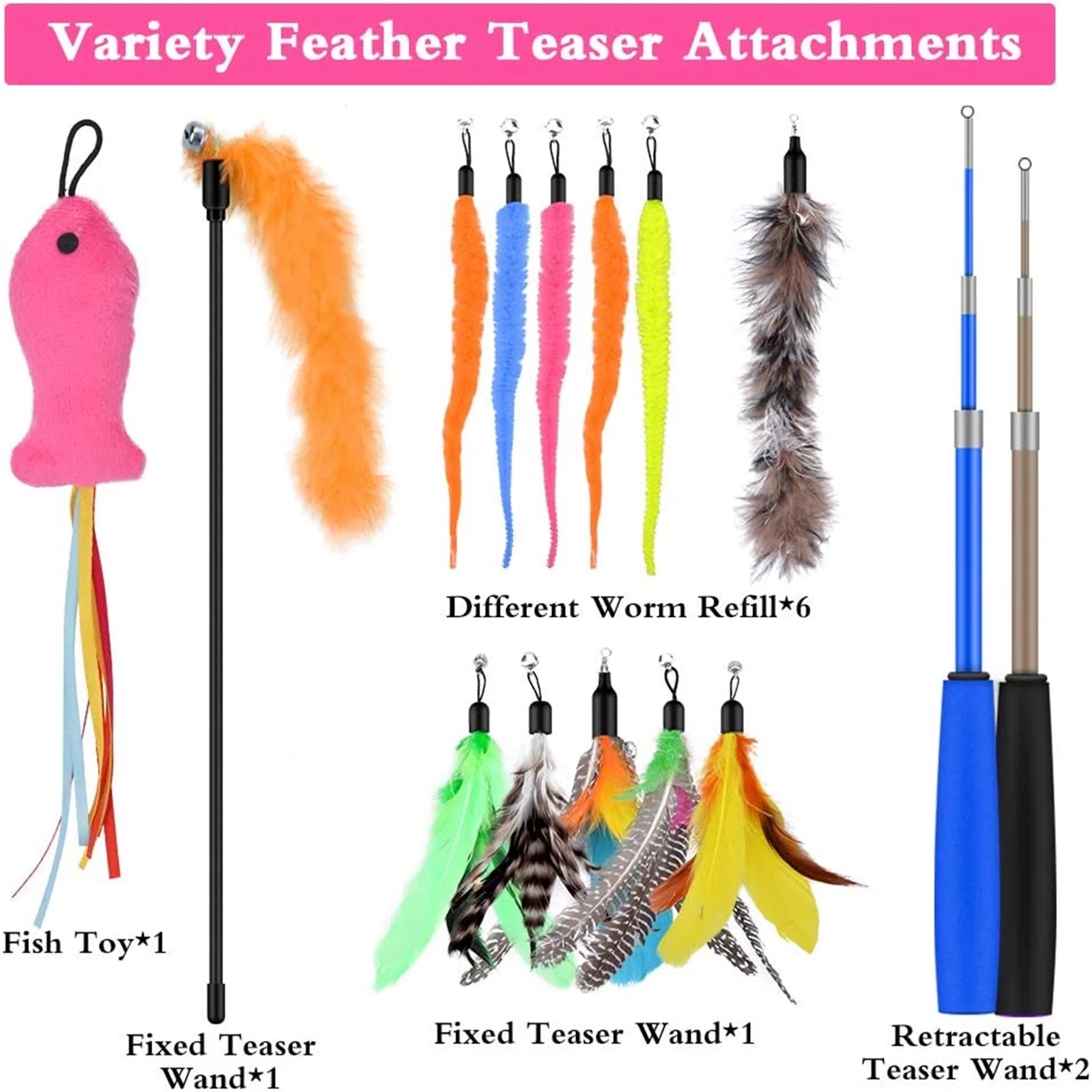 Ultimate Cat Feather Toy Set: 13PCS Teaser Refills with Bells & 2PCS Retractable Wands for Endless Fun!