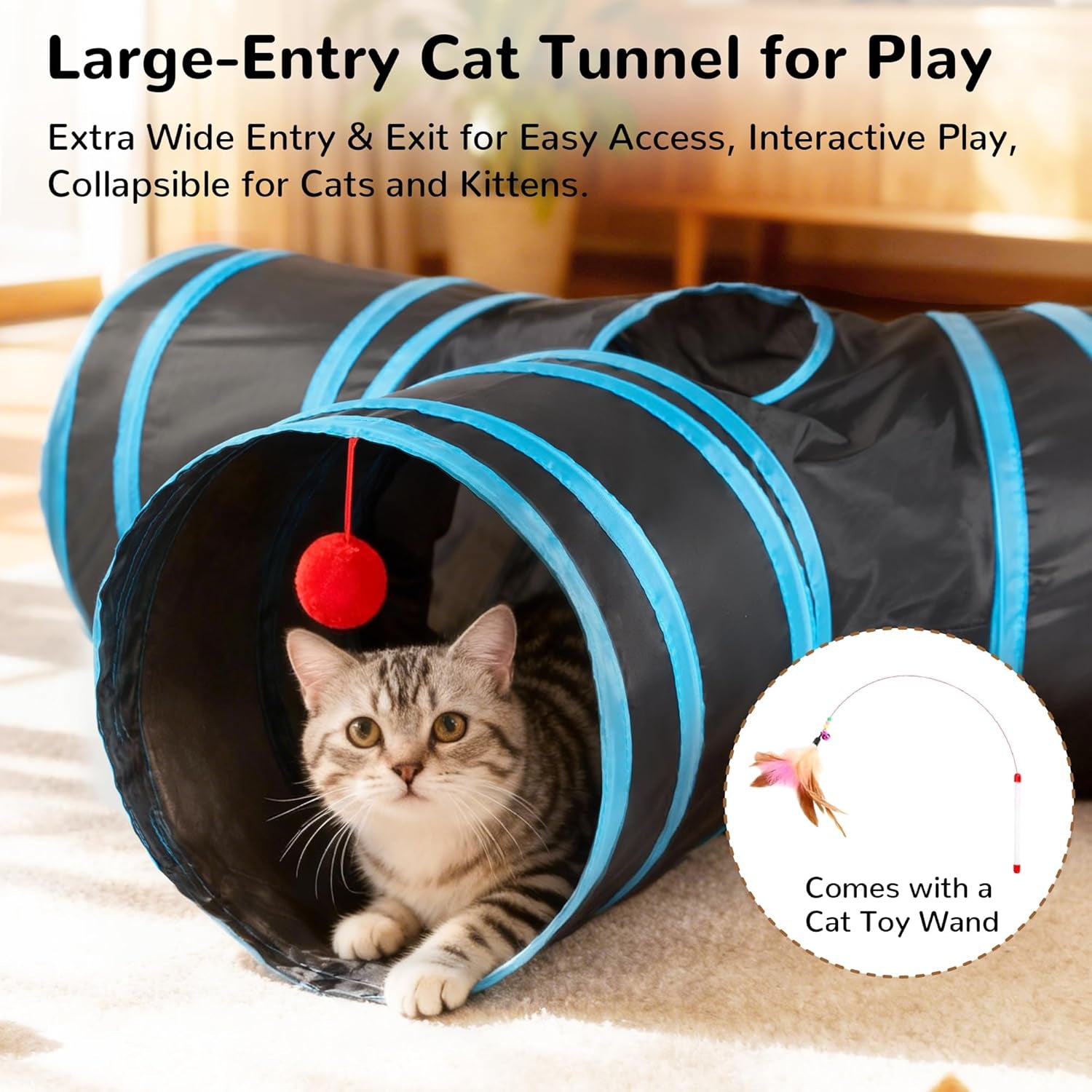 Pet Cat Tunnel Tube Cat Toys 3 Way Collapsible, Tunnels for Indoor Cats，Kitty Bored Peek Hole Toy Ball Cat, Puppy, Kitty, Kitten, Rabbit