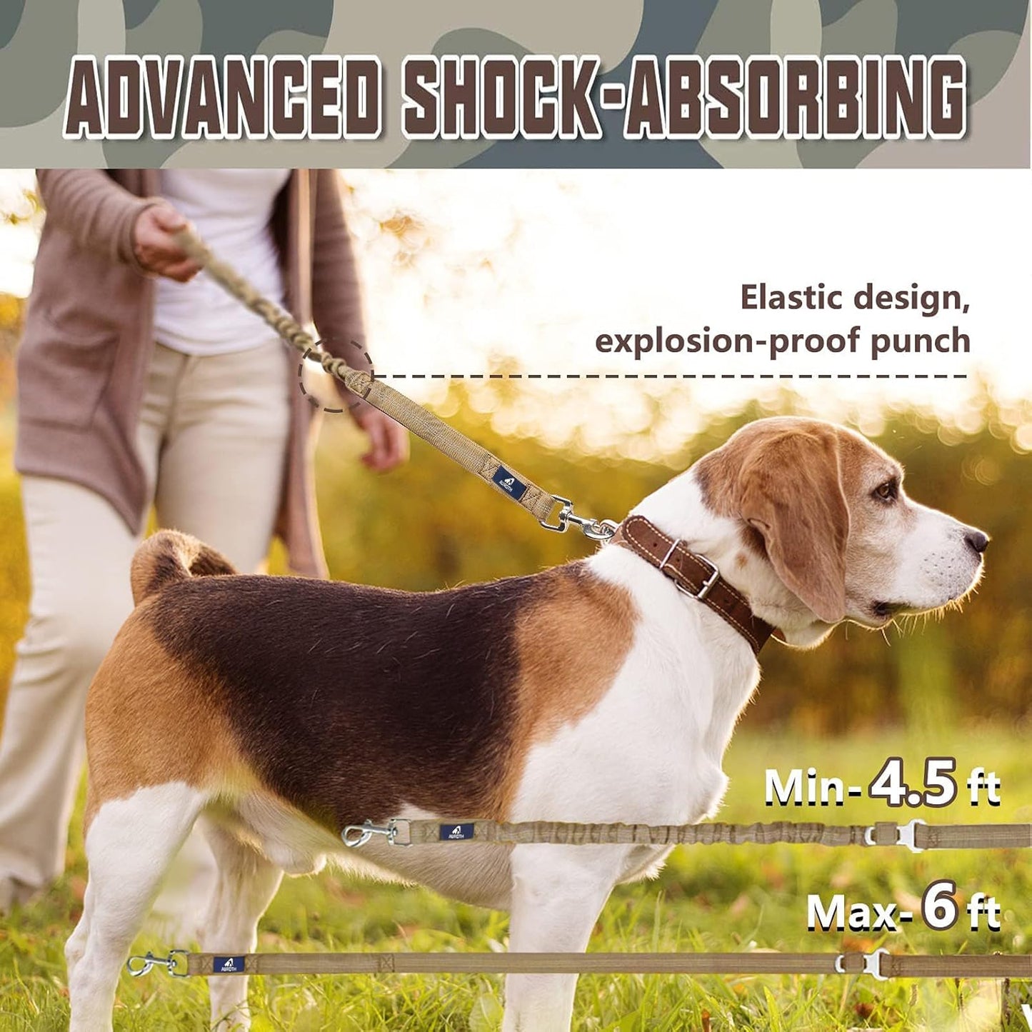 Heavy-Duty Bungee Dog Leash for Medium to Large Breeds, Shock Absorbing No-Pull Design with Car Seat Belt, Dual Padded Handles, Available in 4.5FT and 6FT Lengths