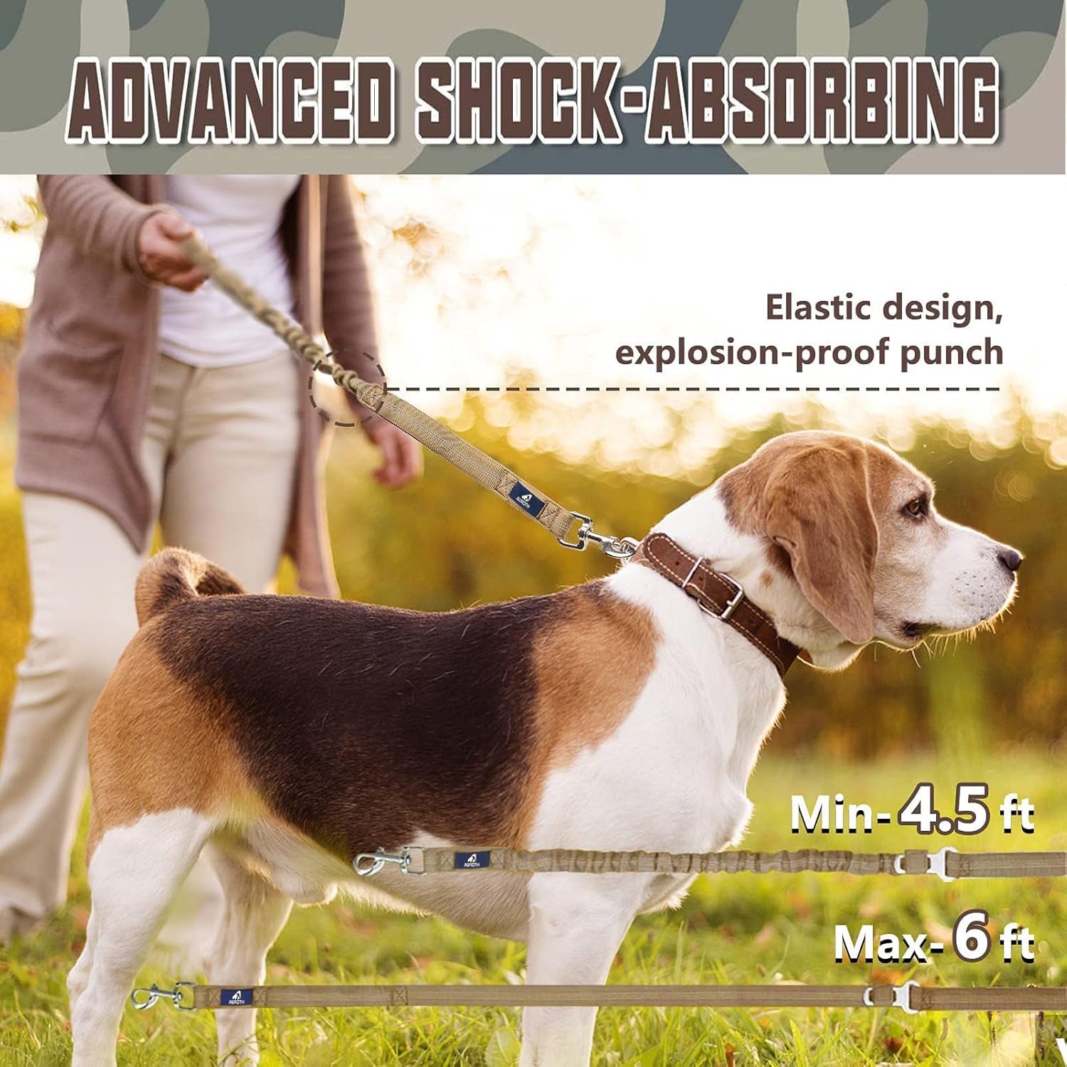 Heavy-Duty Bungee Dog Leash for Medium to Large Breeds, Shock Absorbing No-Pull Design with Car Seat Belt, Dual Padded Handles, Available in 4.5FT and 6FT Lengths