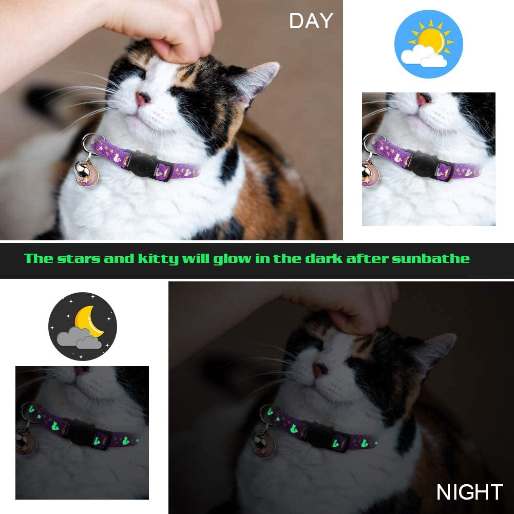 Charming 2-Pack Adjustable Cat Collars with Glow-in-the-Dark Moons and Stars Design - Perfect for Small Breeds!