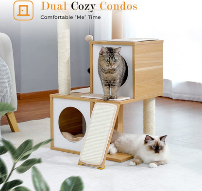 Elegant 35-Inch Walnut Cat Tree with Double Condos, Spacious Perch, and Durable Sisal Scratching Posts