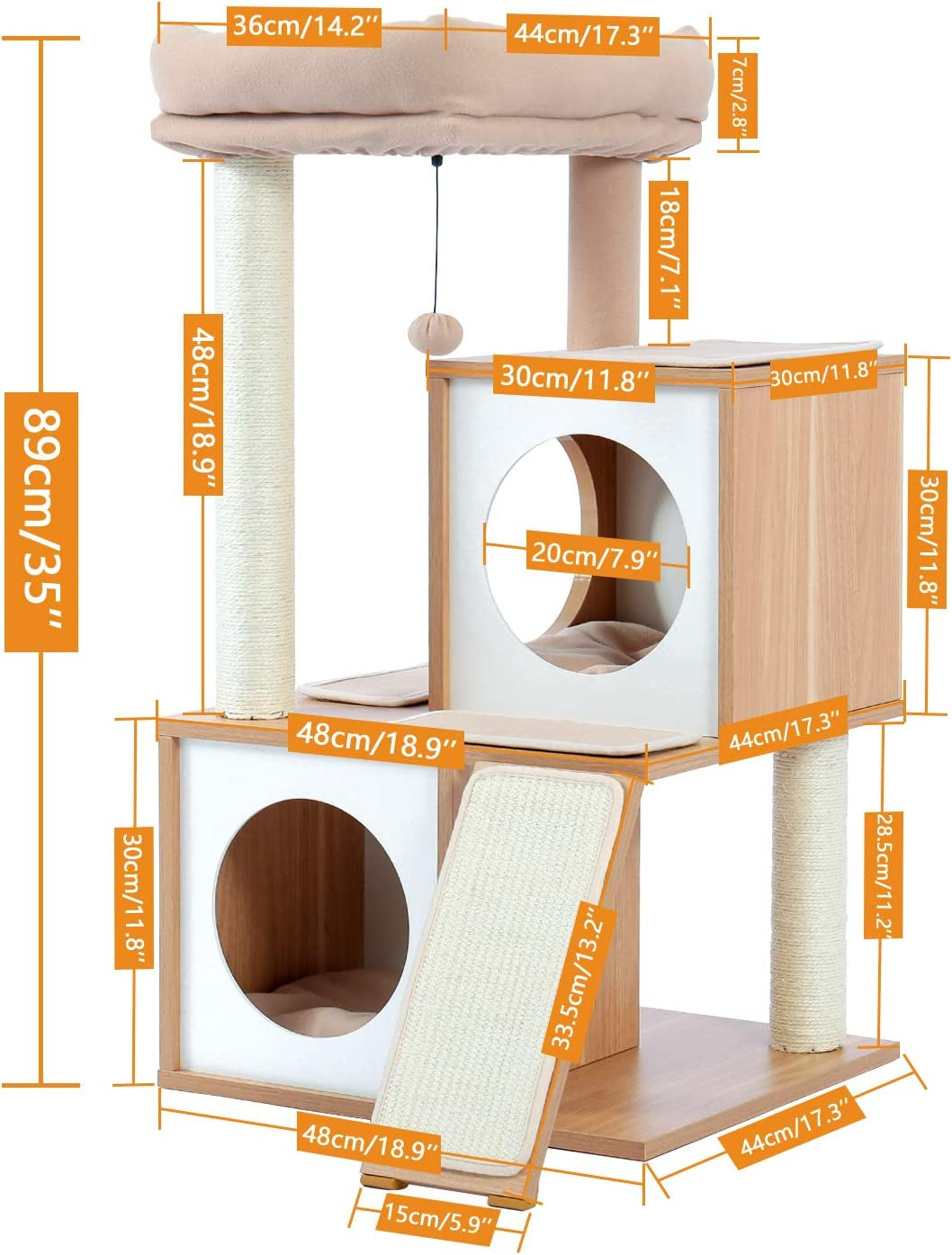 Elegant 35-Inch Walnut Cat Tree with Double Condos, Spacious Perch, and Durable Sisal Scratching Posts