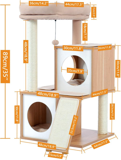 Elegant 35-Inch Walnut Cat Tree with Double Condos, Spacious Perch, and Durable Sisal Scratching Posts