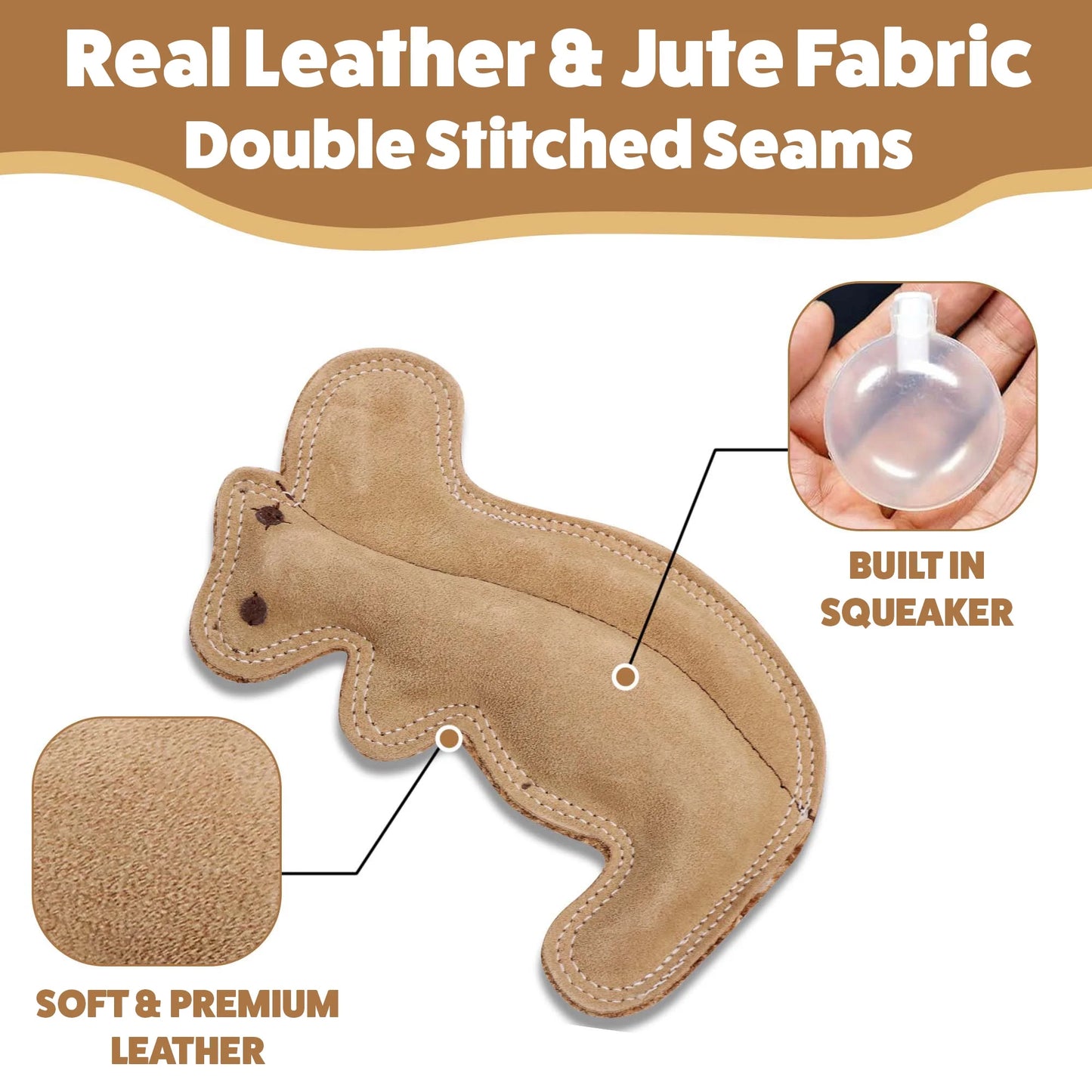 Dura-Fused Squirrel Dog Toy - Durable Leather & Jute Fabric for Small to Medium Chewers, Interactive Fun with Built-in Squeaker