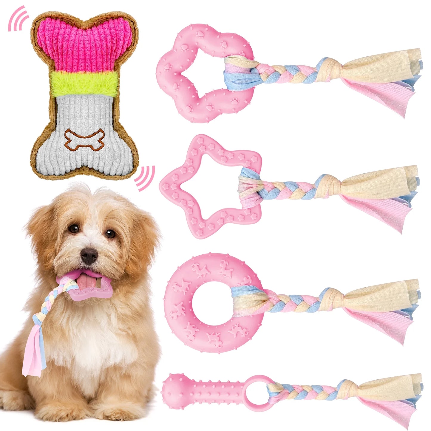 5 Pack Interactive Puppy Chew Toys - Plush Squeaky & Rubber Teething Toys for Small Dogs - Perfect for Dental Care & Playtime!