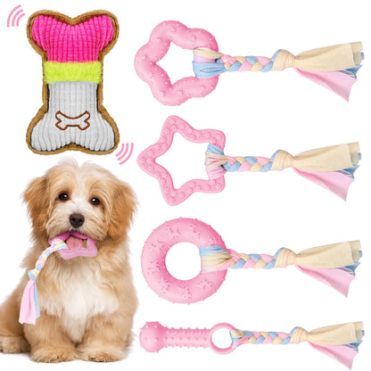 5 Pack Interactive Puppy Chew Toys - Plush Squeaky & Rubber Teething Toys for Small Dogs - Perfect for Dental Care & Playtime!