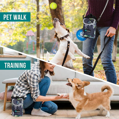 Dog Treat Pouch, Large Dog Training Treat Bag with Adjustable Waist Belt, Built-In Poop Bag Dispenser & Multiple Storage Pockets, Hands-Free Dog Walking & Training Accessory (Floral Grey)