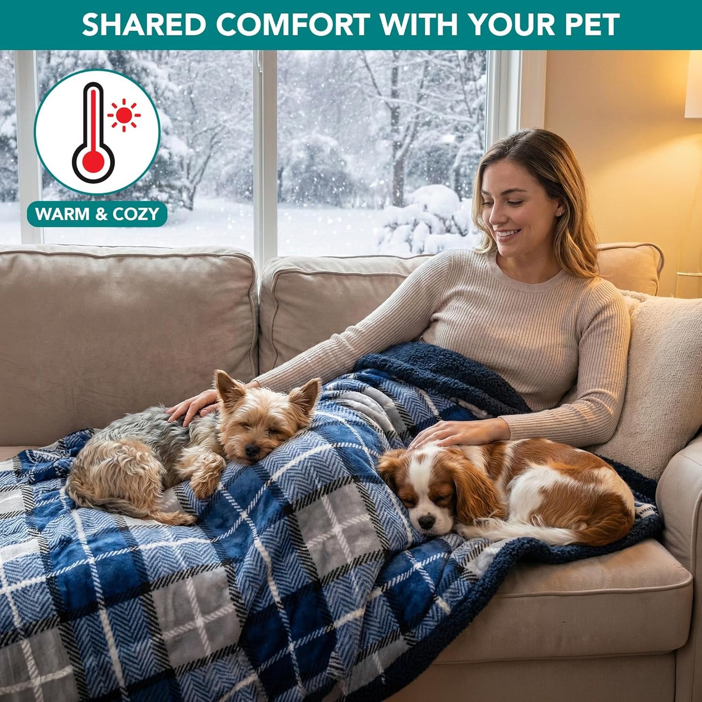 Waterproof Dog Blanket for Small Medium Dog Puppy Cat Throw for Couch Cover Leakproof Protection, Sherpa Fleece, Reversible Soft Washable 29X40 Plaid Navy Blue
