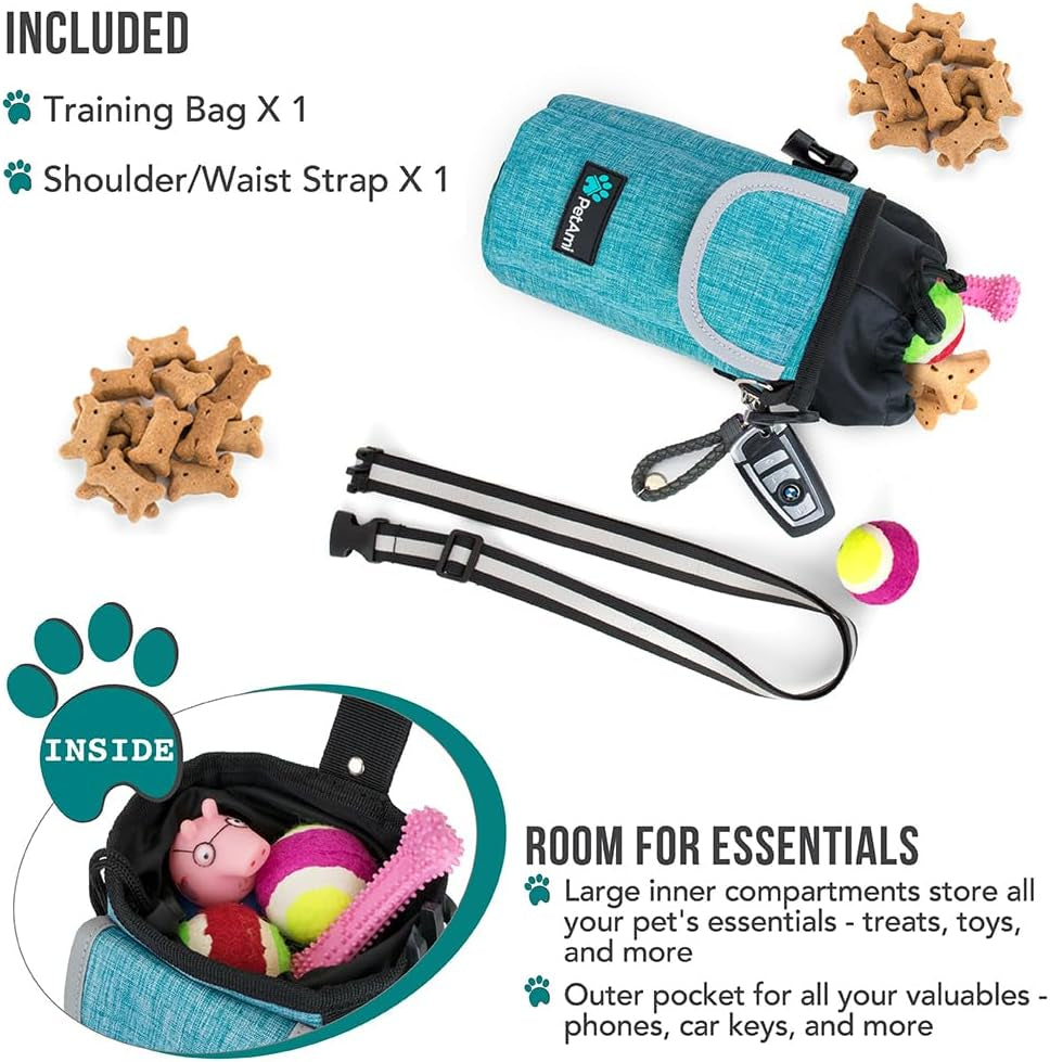 Dog Treat Pouch, Large Dog Training Treat Bag with Adjustable Waist Belt, Built-In Poop Bag Dispenser & Multiple Storage Pockets, Hands-Free Dog Walking & Training Accessory (Sea Blue)