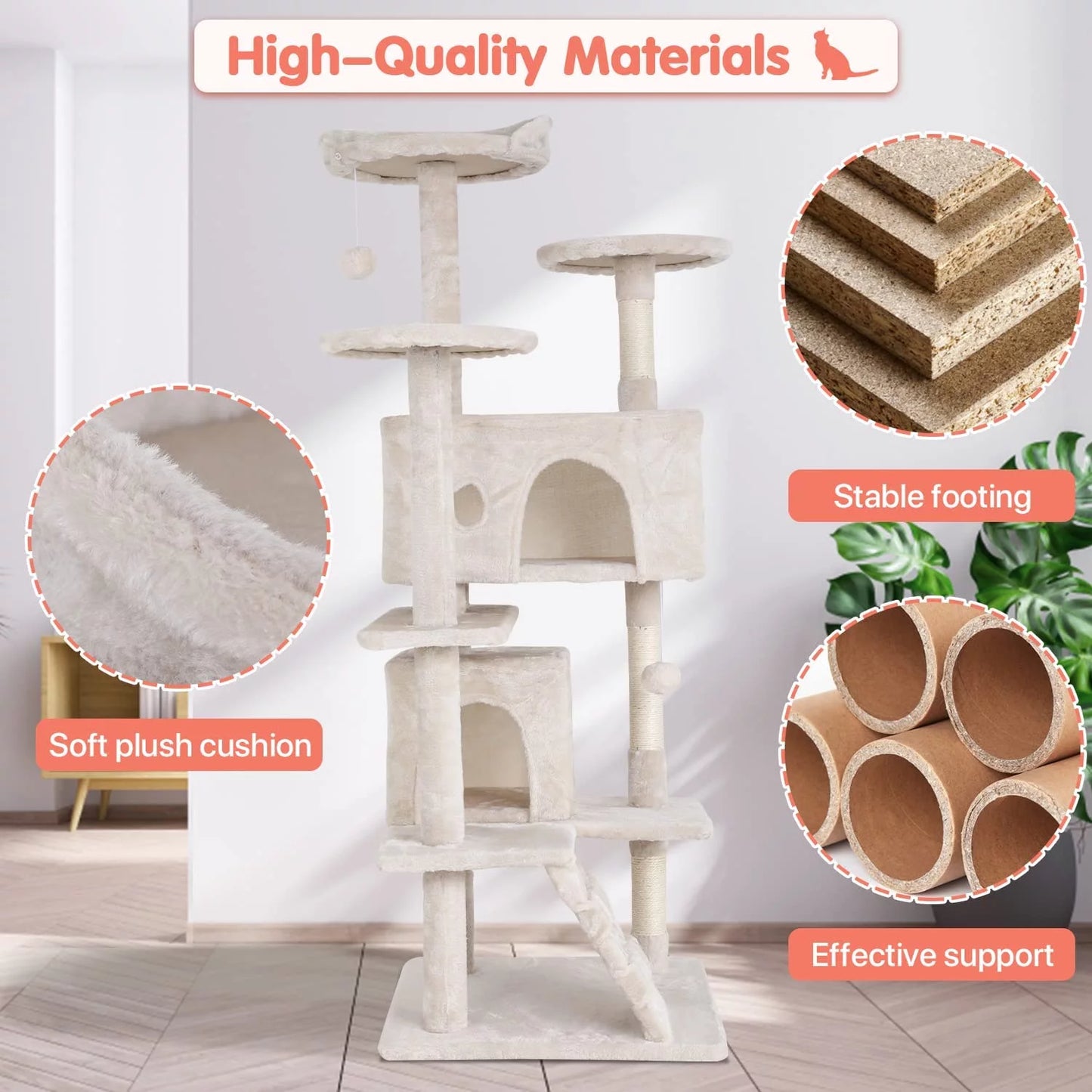 Deluxe 54-Inch Double Condo Cat Tree Tower with Scratching Post & Perch - Cozy Beige Playhouse for Indoor Cats