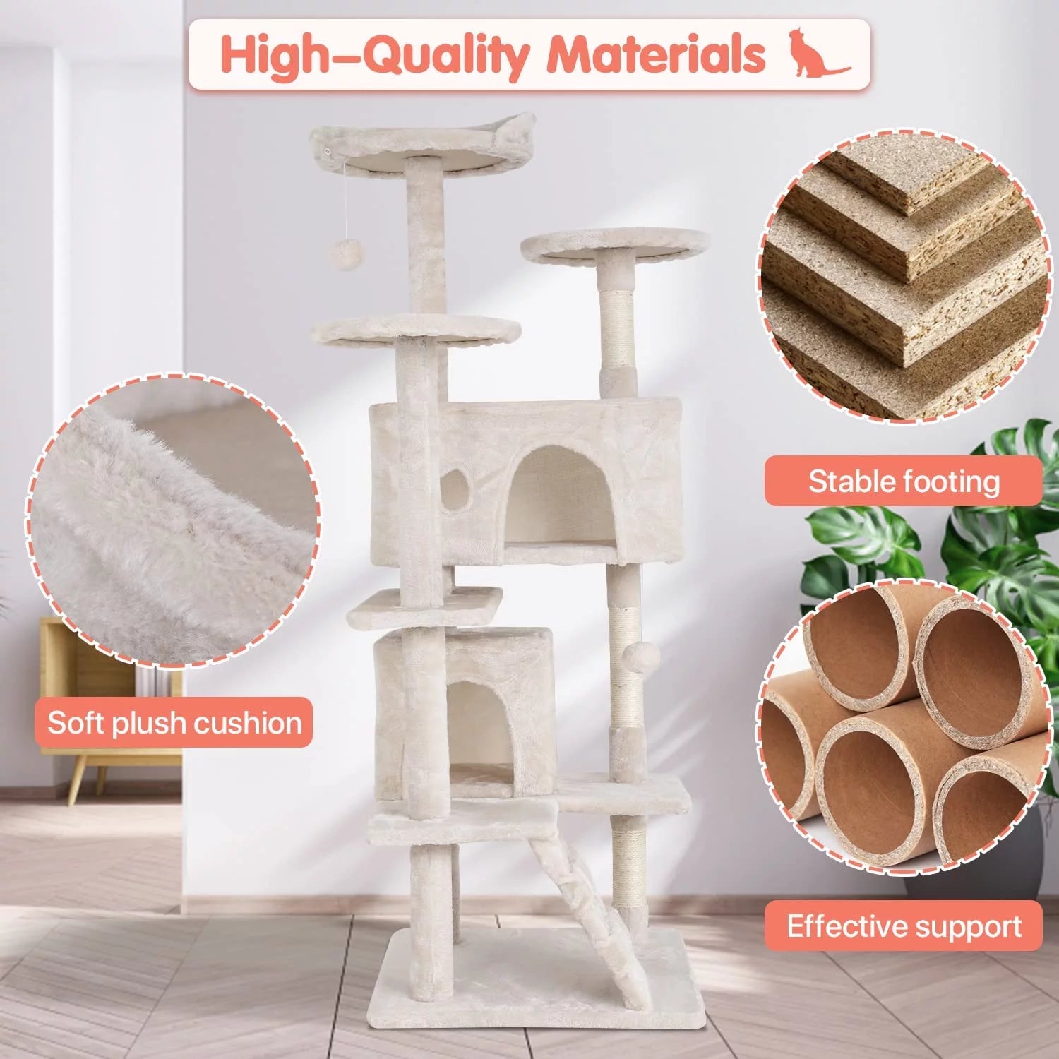 Deluxe 54-Inch Double Condo Cat Tree Tower with Scratching Post & Perch - Cozy Beige Playhouse for Indoor Cats