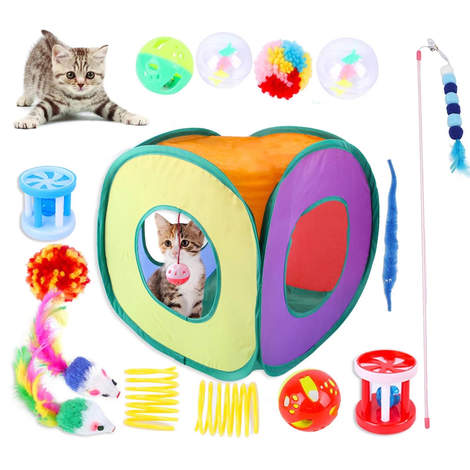 15PCS Cat Toys Kitten Toys Combination Tunnel Interactive Cat Toys Cat Tunnel Tease Cat Stick Colorful Mouse Plush Ball Bell Ball for Cats