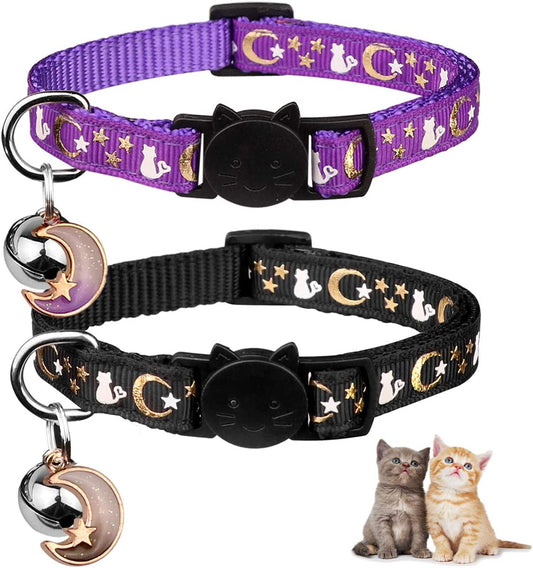Stylish 2-Piece Adjustable Breakaway Cat Collars with Glow-in-the-Dark Moons and Stars - Perfect for Your Feline Friend!