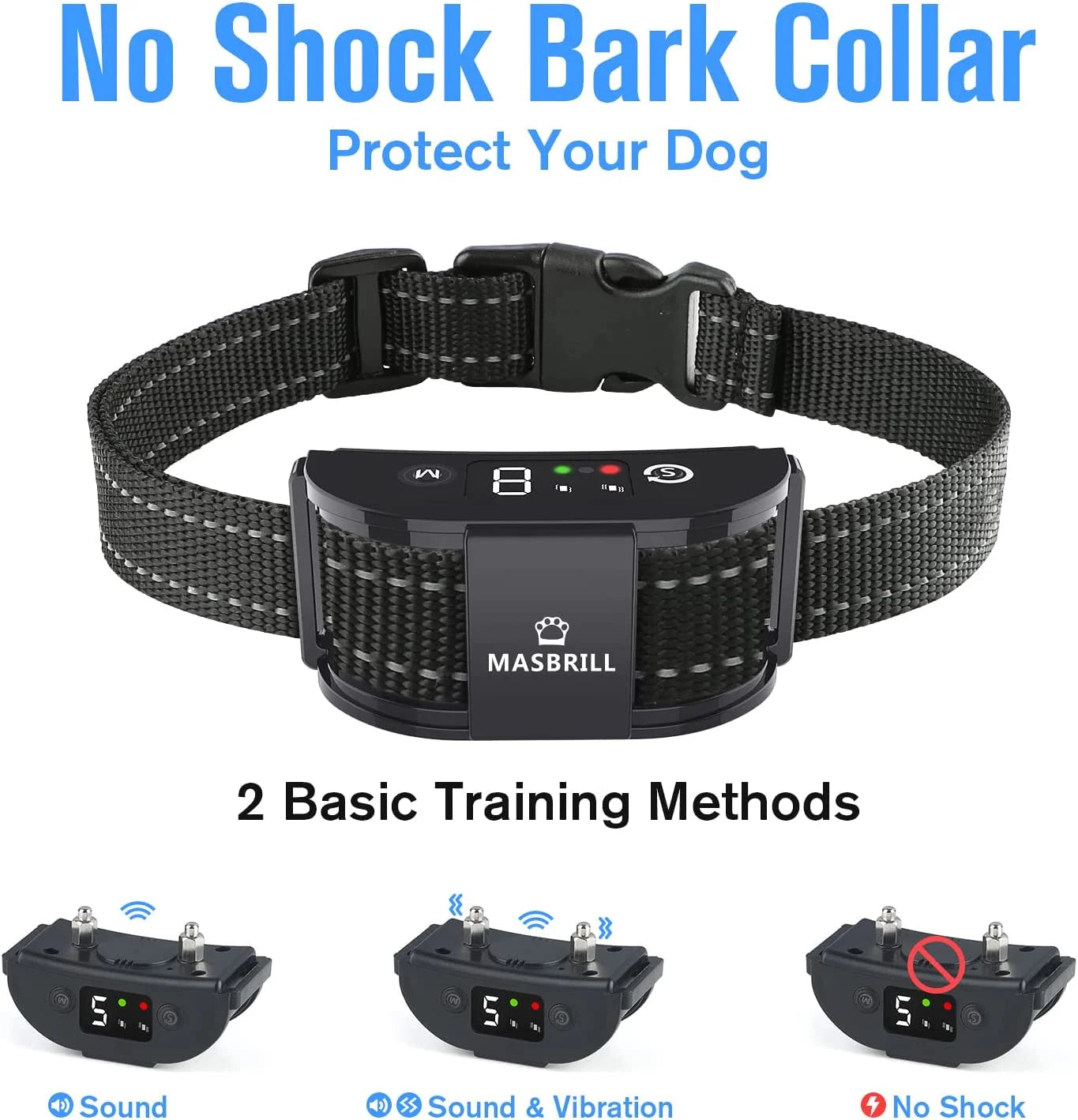 Dog Bark Collar, Rechargeable No Shock anti Bark Collar, Waterproof No Bark Collar for Medium Large Dogs -Black