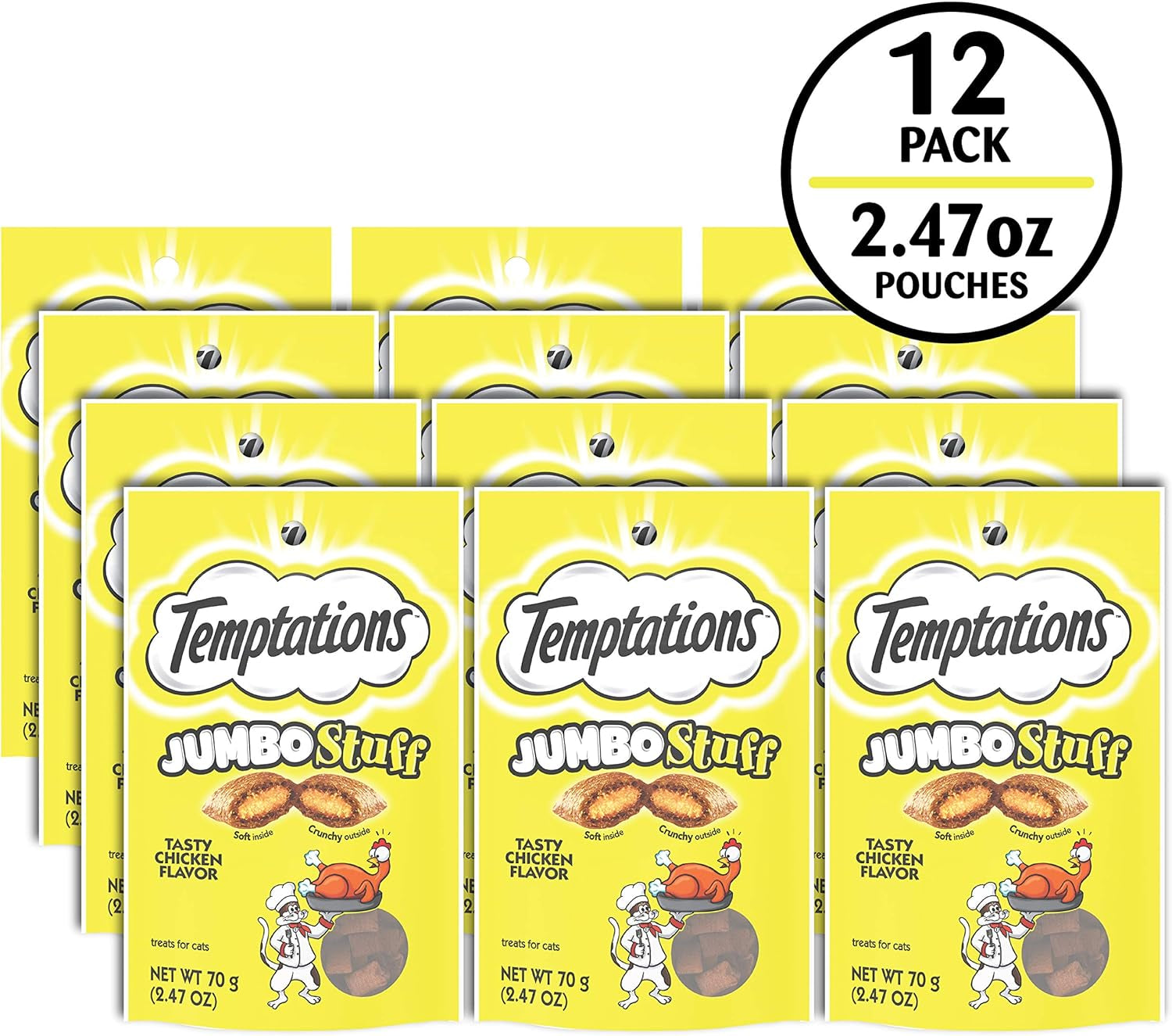 Indulge Your Cat with Jumbo Stuffed Chicken Flavor Treats - Crunchy Outside, Soft Inside, 2.5 oz Pouch (Pack of 12)