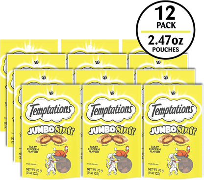 Indulge Your Cat with Jumbo Stuffed Chicken Flavor Treats - Crunchy Outside, Soft Inside, 2.5 oz Pouch (Pack of 12)