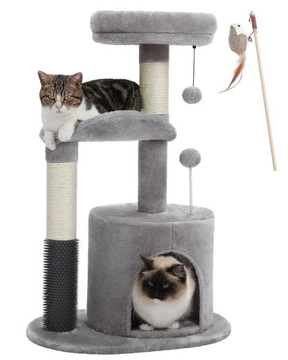 Deluxe 32.7" Gray Cat Tree - Cozy Condo & Scratching Posts with Self-Grooming Toy for Kittens