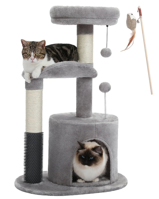 Deluxe 32.7" Gray Cat Tree - Cozy Condo & Scratching Posts with Self-Grooming Toy for Kittens