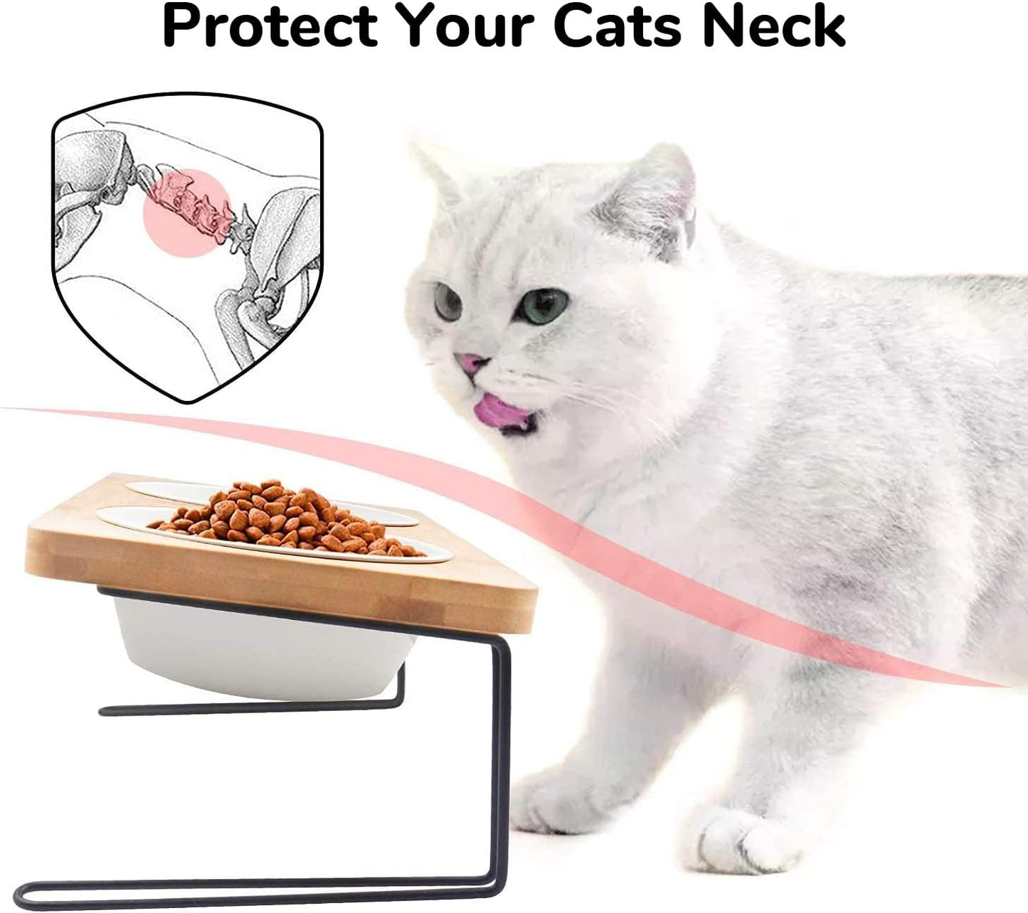 Elevated Tilted Ceramic Cat Bowls with Bamboo Stand - Perfect Feeder Set for Cats and Small Dogs