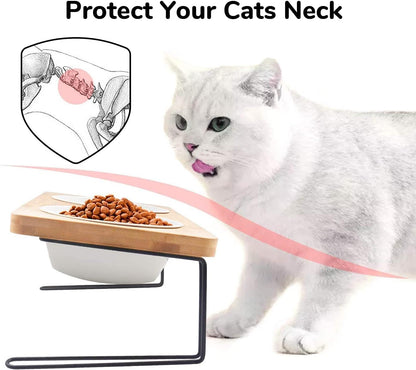 Elevated Tilted Ceramic Cat Bowls with Bamboo Stand - Perfect Feeder Set for Cats and Small Dogs