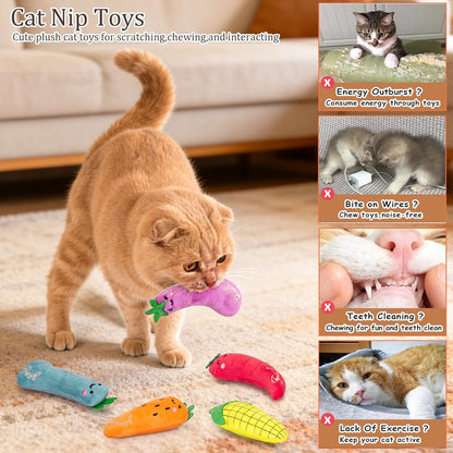 Interactive Plush Catnip Toys for Kittens - 5 Pack Fun Vegetable Shapes for Dental Care and Playtime