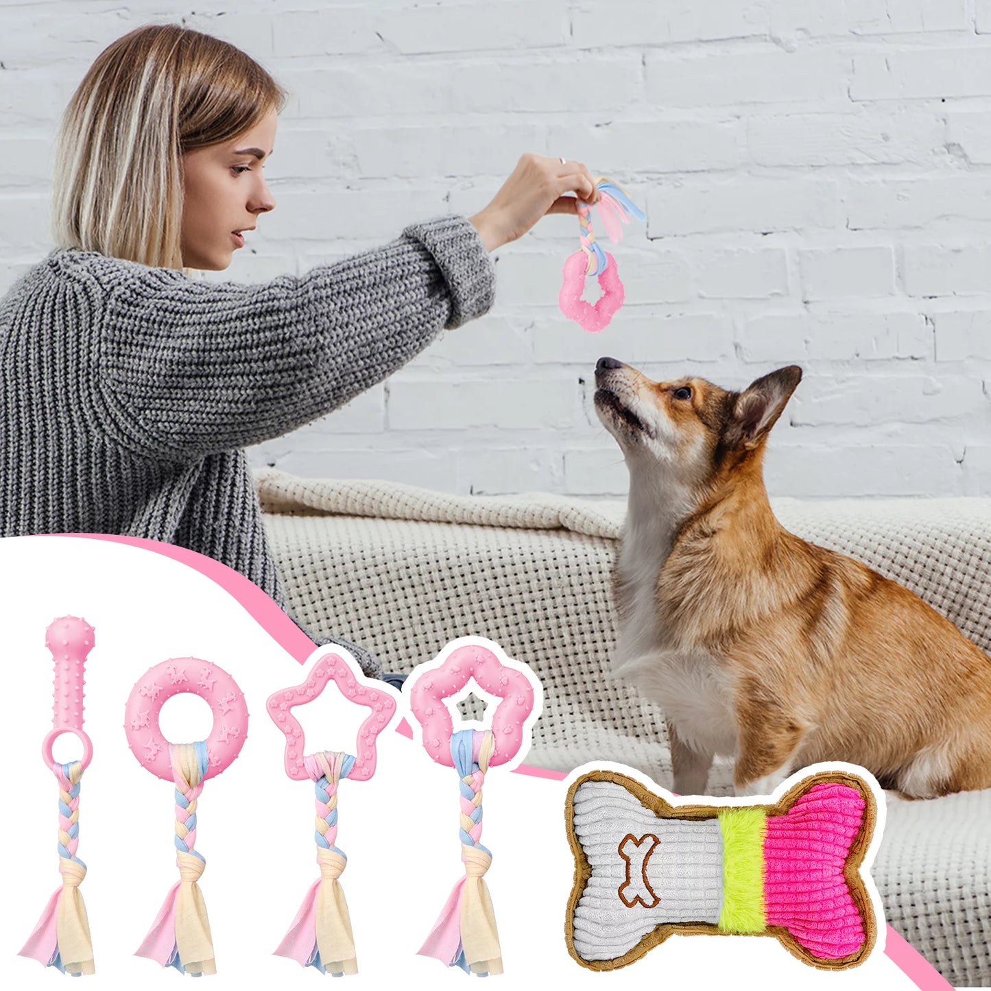 5 Pack Interactive Puppy Chew Toys - Plush Squeaky & Rubber Teething Toys for Small Dogs - Perfect for Dental Care & Playtime!