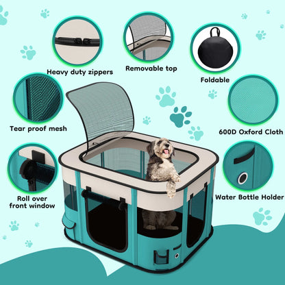 Portable Foldable Pet Playpen - Versatile Indoor/Outdoor Exercise Kennel with Removable Shade Cover for Dogs and Cats (Medium)