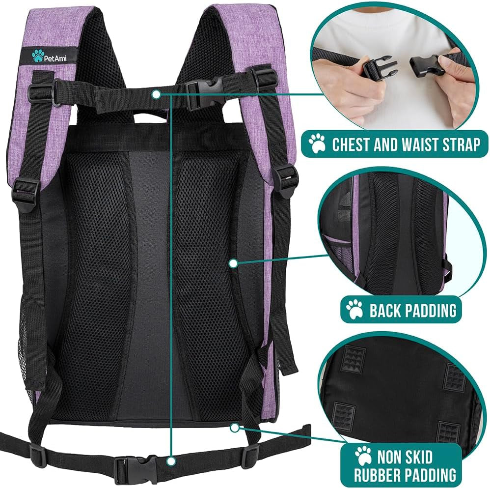 Ventilated Dog and Cat Backpack Carrier for Travel, Hiking, and Camping - Airline Approved for Pets up to 18 lbs, Purple