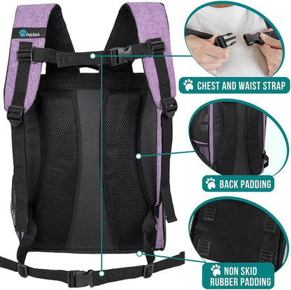 Ventilated Dog and Cat Backpack Carrier for Travel, Hiking, and Camping - Airline Approved for Pets up to 18 lbs, Purple