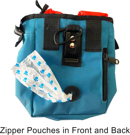 Dog Training Pouch with Training Clicker and Water Bowl - 5 Ways to Wear - Carry Toys, Treats for Positive Reinforcement - Built-In Poop Bag Dispenser (Teal)